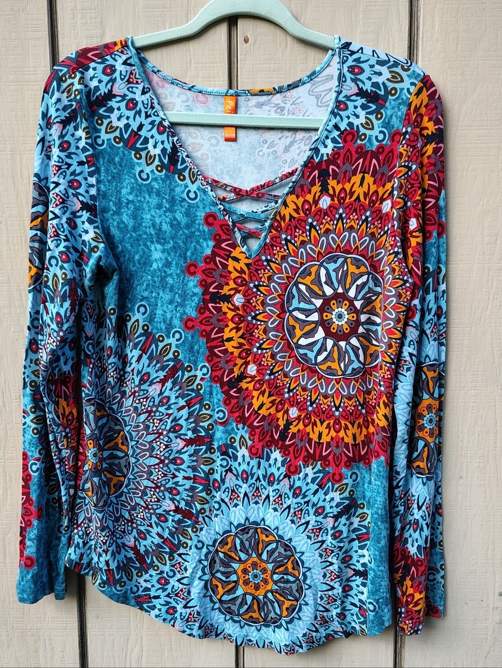 Feiersi Boho Top M Artsy Colorful Stretch Caged V-neck Festival Medallion - Picture 2 of 9